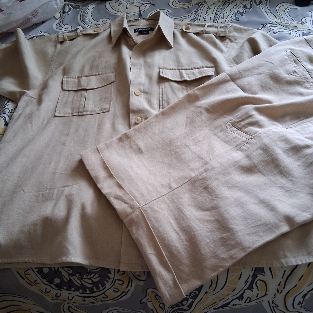 Men's Tan Shirt and Short Set Shirt L SHORTS 34W.